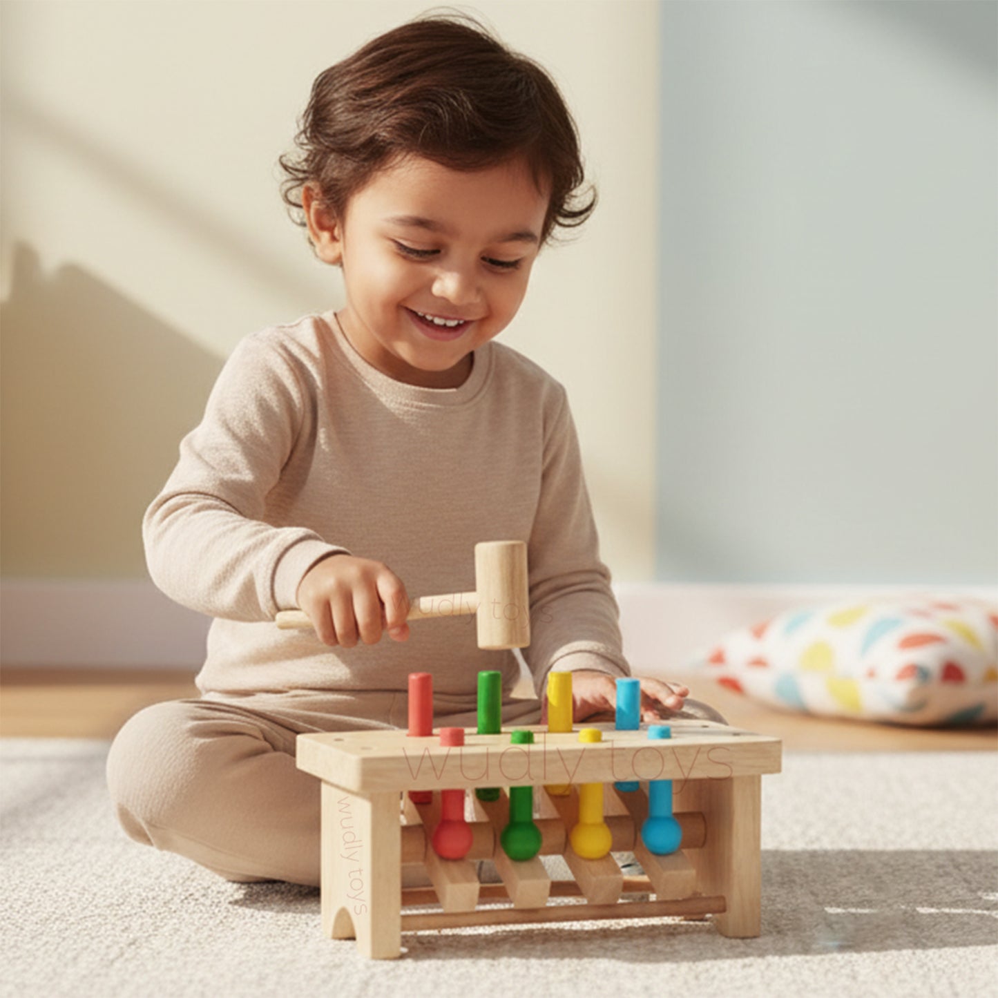 Wudly Wooden Hammer Peg Bench Toy for Kids | Montessori Pound Bench Hammering Block Punch Drop Instruments Game with Mallet | Colour Matching | Kids for 12M+ Multicolour
