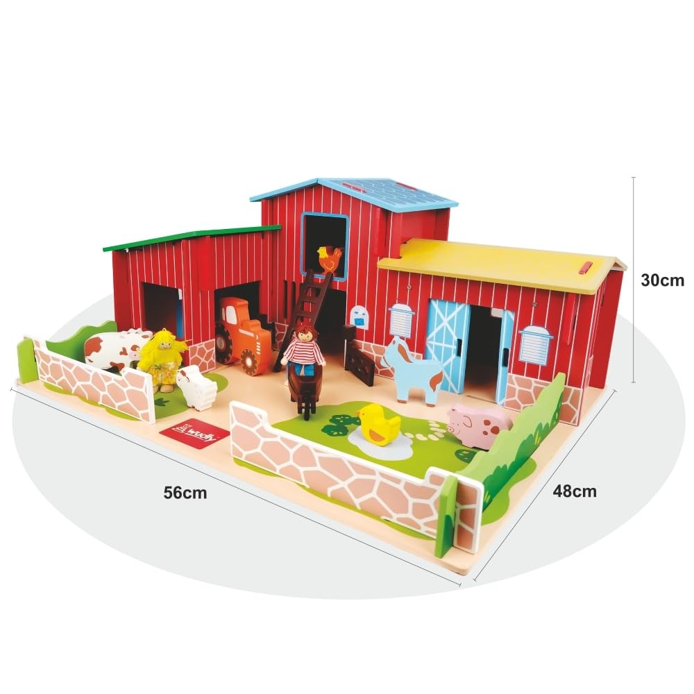 WUDLY Wooden Farmhouse Toy Set for Kids | My Little Farm House with Animal Figures, Tractor, Barn & Farmer | Montessori Educational Toy | Farm Pretend Play Set for Boys & Girls Age 3+
