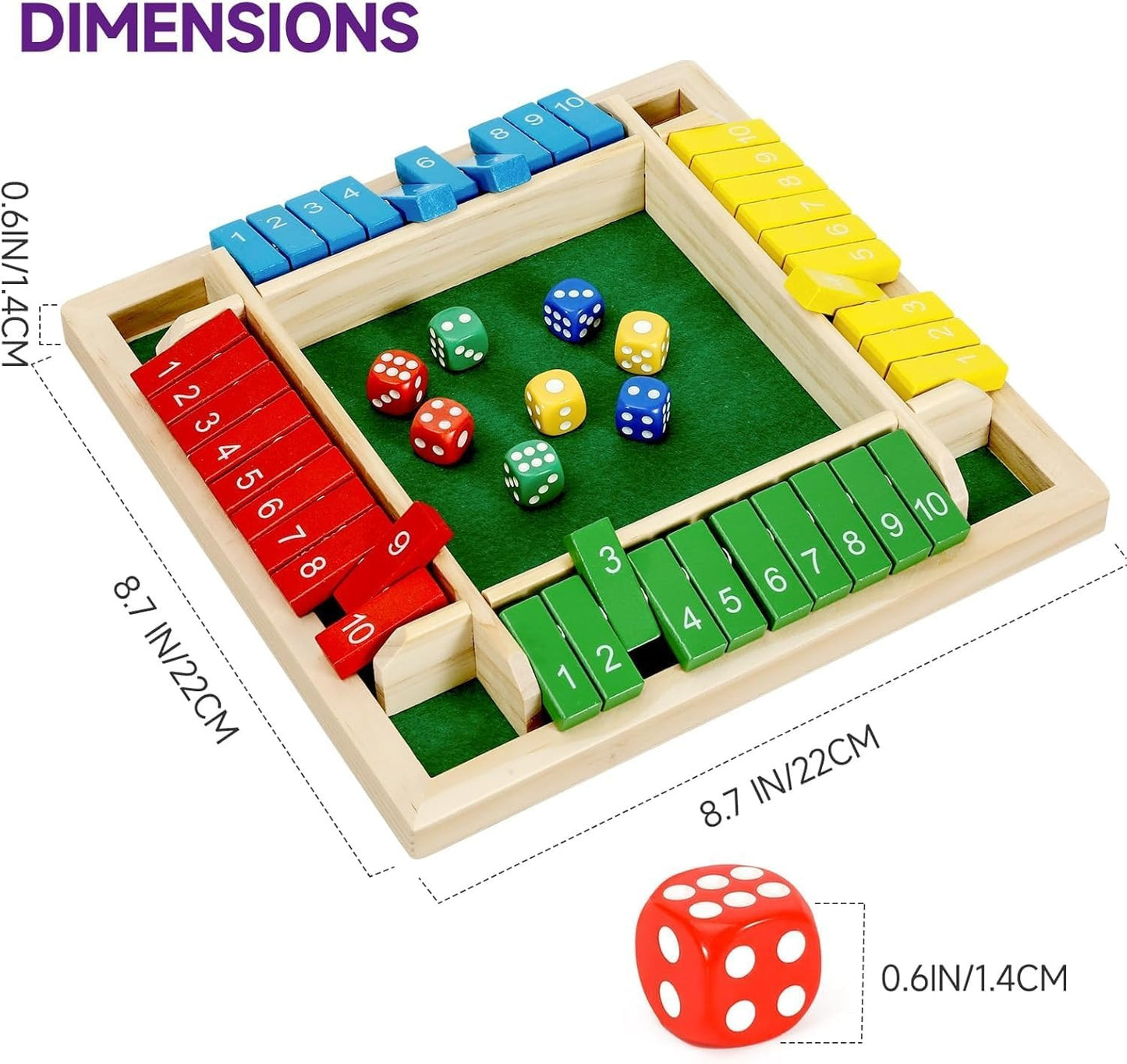 Wudly Classic Shut the Box Dice Game, Shut The Box, Wooden Learning Game Set, 18 Pieces, Ages 3+ (Color)