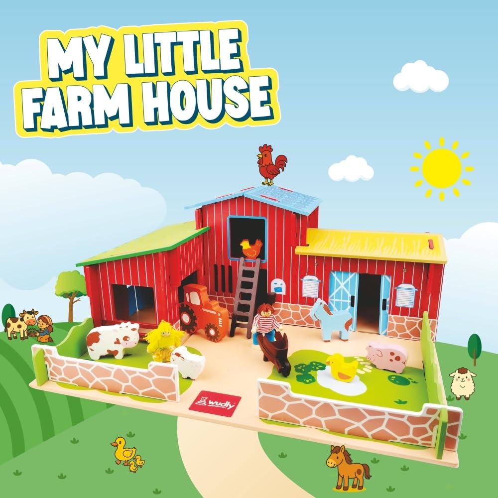 WUDLY Wooden Farmhouse Toy Set for Kids | My Little Farm House with Animal Figures, Tractor, Barn & Farmer | Montessori Educational Toy | Farm Pretend Play Set for Boys & Girls Age 3+