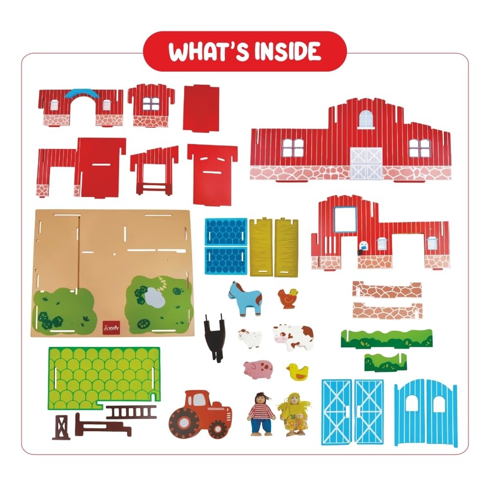 WUDLY Wooden Farmhouse Toy Set for Kids | My Little Farm House with Animal Figures, Tractor, Barn & Farmer | Montessori Educational Toy | Farm Pretend Play Set for Boys & Girls Age 3+