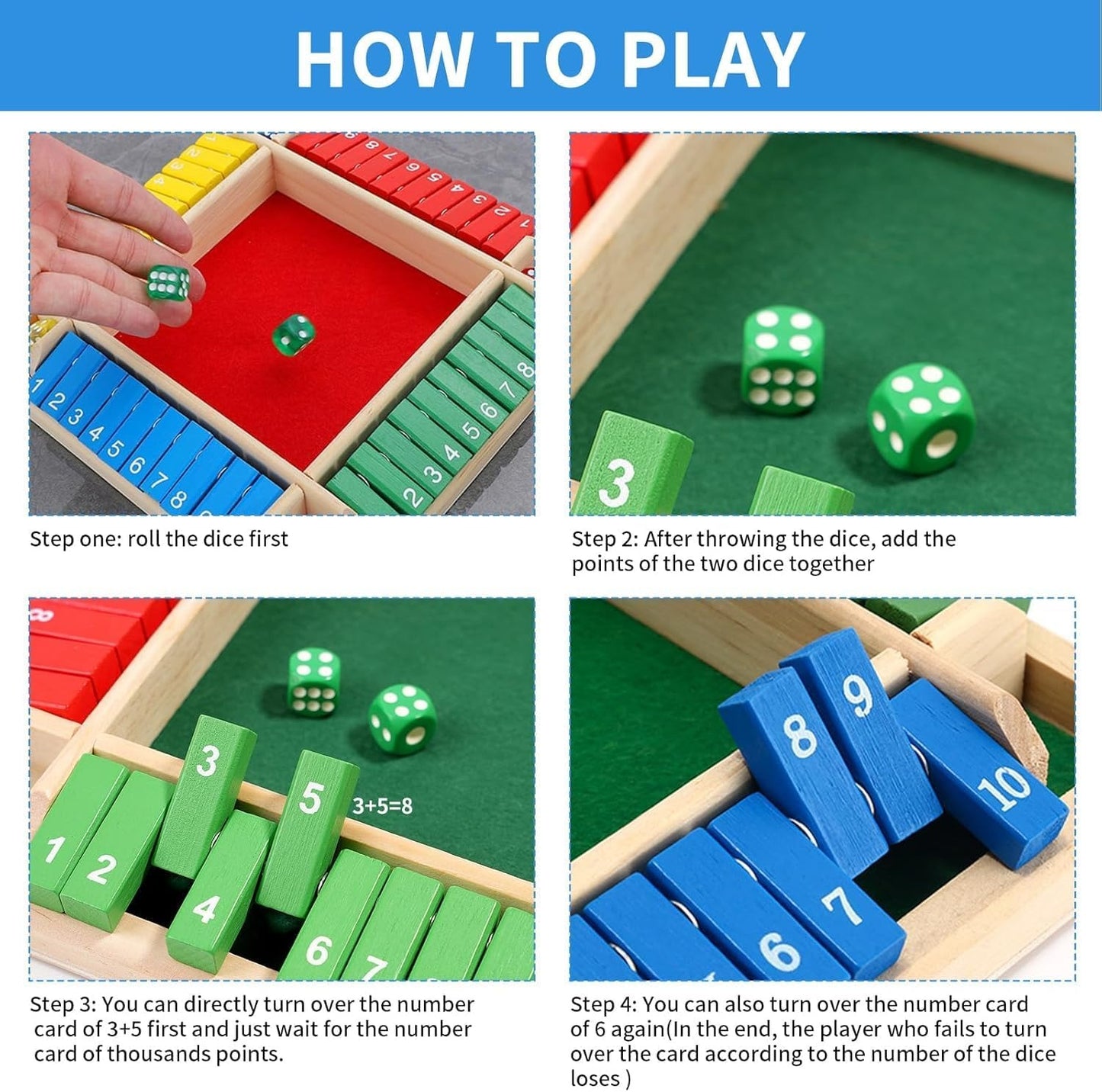 Wudly Classic Shut the Box Dice Game, Shut The Box, Wooden Learning Game Set, 18 Pieces, Ages 3+ (Color)