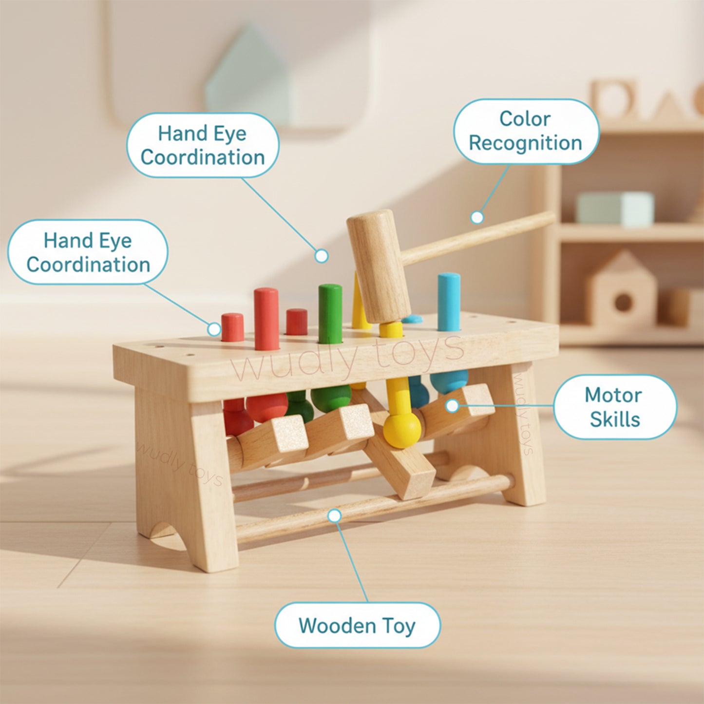 Wudly Wooden Hammer Peg Bench Toy for Kids | Montessori Pound Bench Hammering Block Punch Drop Instruments Game with Mallet | Colour Matching | Kids for 12M+ Multicolour