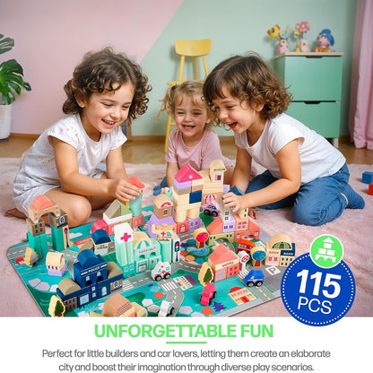 WUDLY 115 Pieces Wooden City Building Blocks