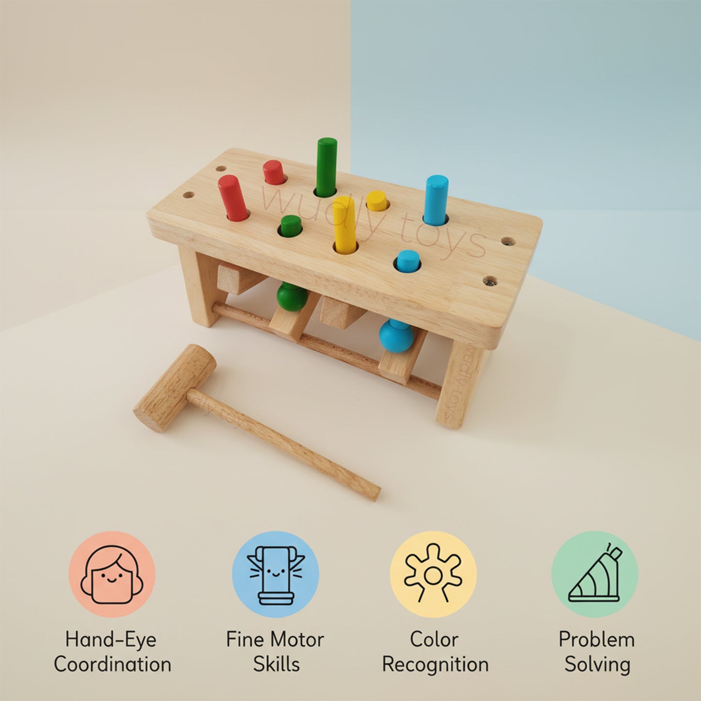 Wudly Wooden Hammer Peg Bench Toy for Kids | Montessori Pound Bench Hammering Block Punch Drop Instruments Game with Mallet | Colour Matching | Kids for 12M+ Multicolour
