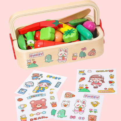 Wudly Wooden Cutting Vegetable With Wood Knife & Storage Basket