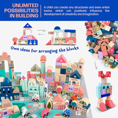 WUDLY 115 Pieces Wooden City Building Blocks