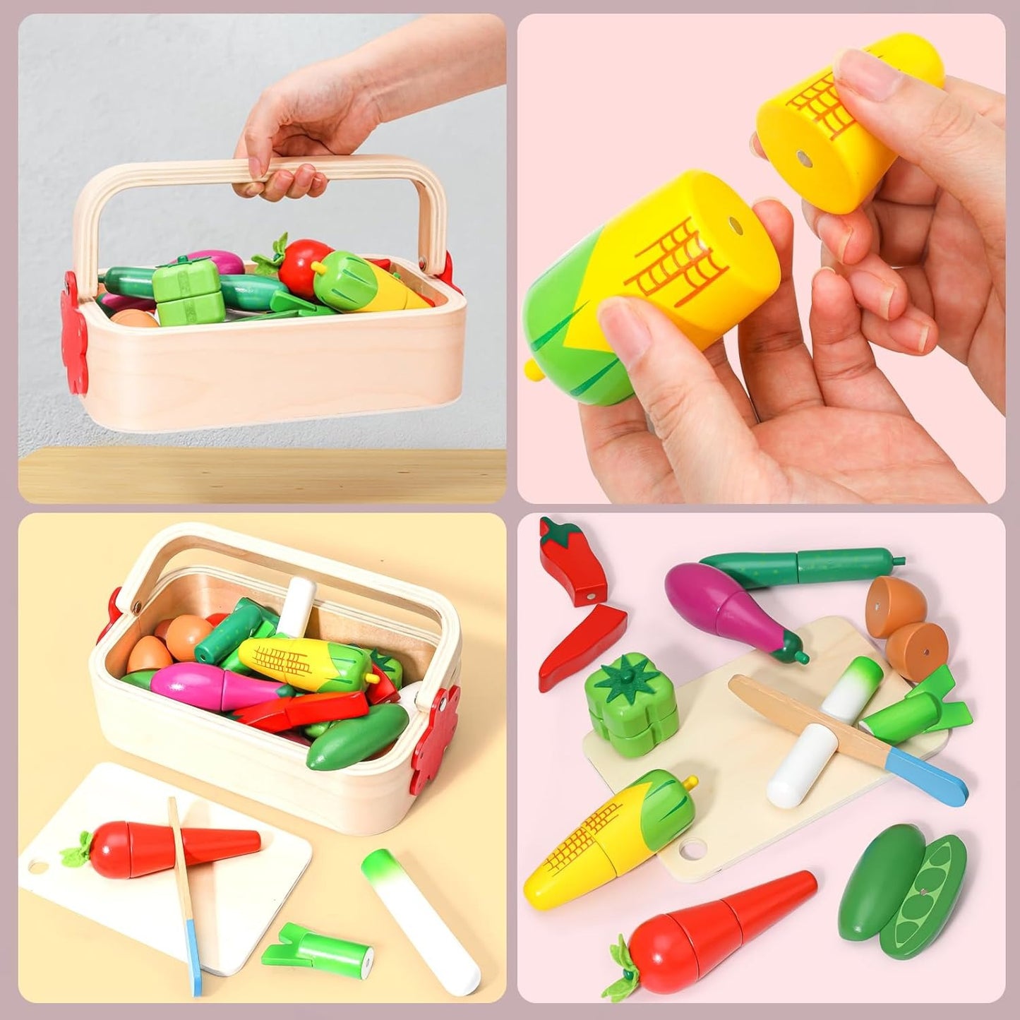 Wudly Wooden Cutting Vegetable With Wood Knife & Storage Basket