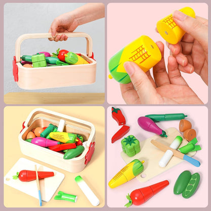 Wudly Wooden Cutting Vegetable With Wood Knife & Storage Basket