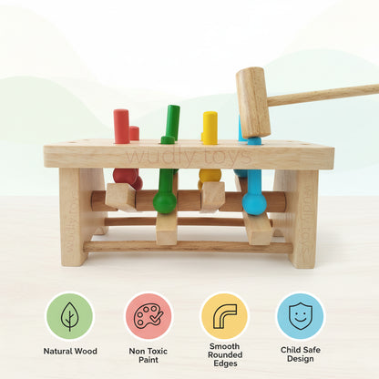 Wudly Wooden Hammer Peg Bench Toy for Kids | Montessori Pound Bench Hammering Block Punch Drop Instruments Game with Mallet | Colour Matching | Kids for 12M+ Multicolour