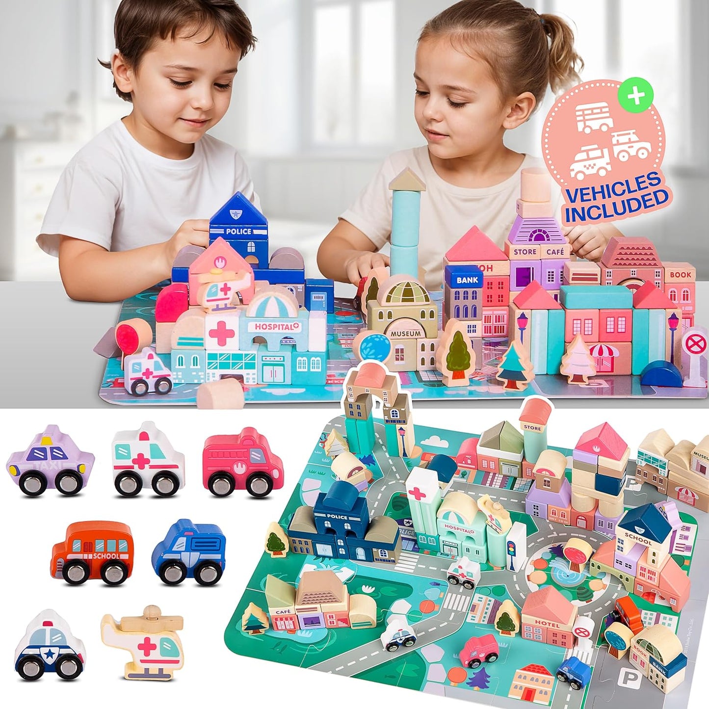 WUDLY 115 Pieces Wooden City Building Blocks