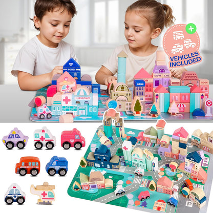 WUDLY 115 Pieces Wooden City Building Blocks