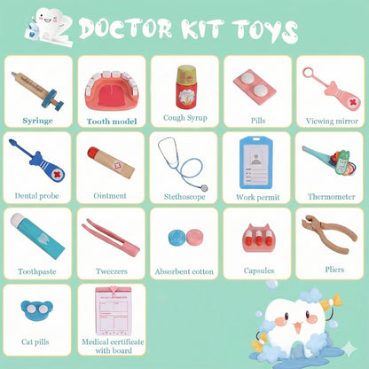 WUDLY Wooden Doctor Set for Kids, Pretend Play Doctor Kit for Boys & Girls, Best Birthday Gift for Kids