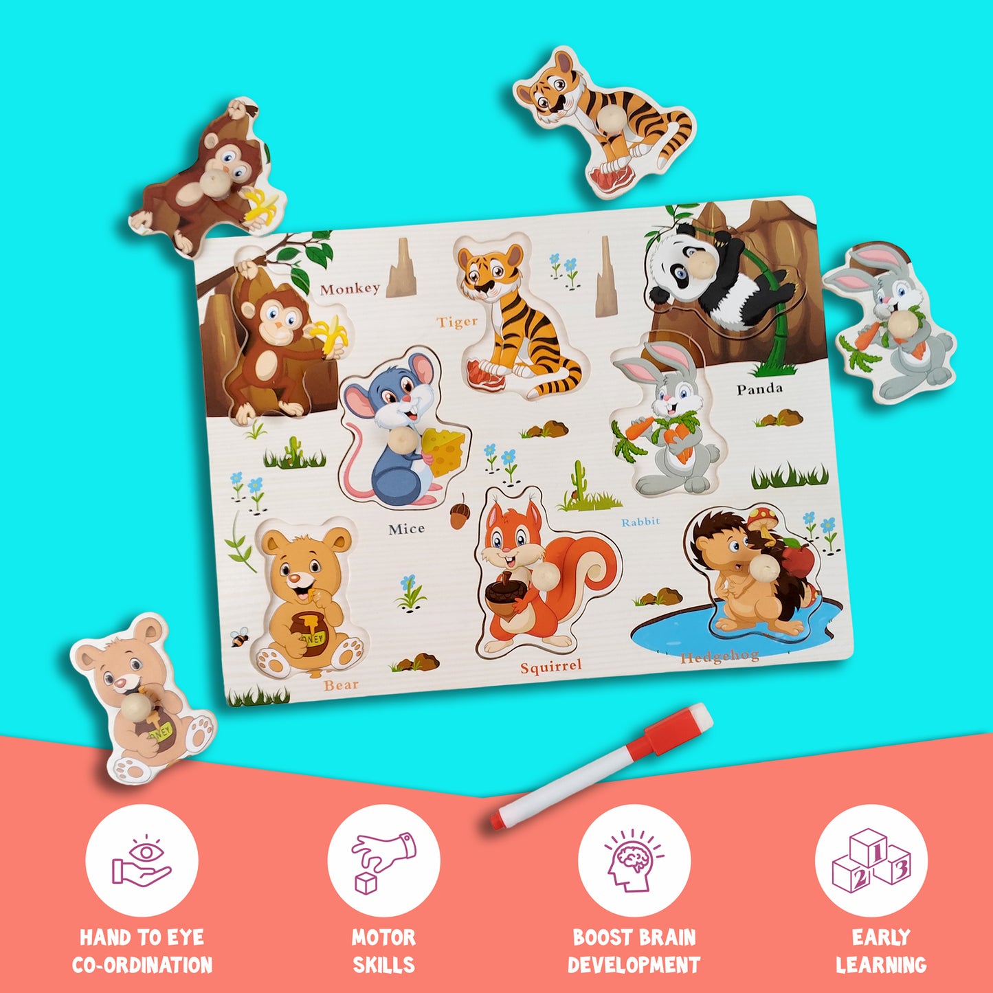 Wudly Wooden Knob Puzzle Board for Kids – Early Learning Educational Toy Trumpeter Grabbing Board (Multiple Themes)