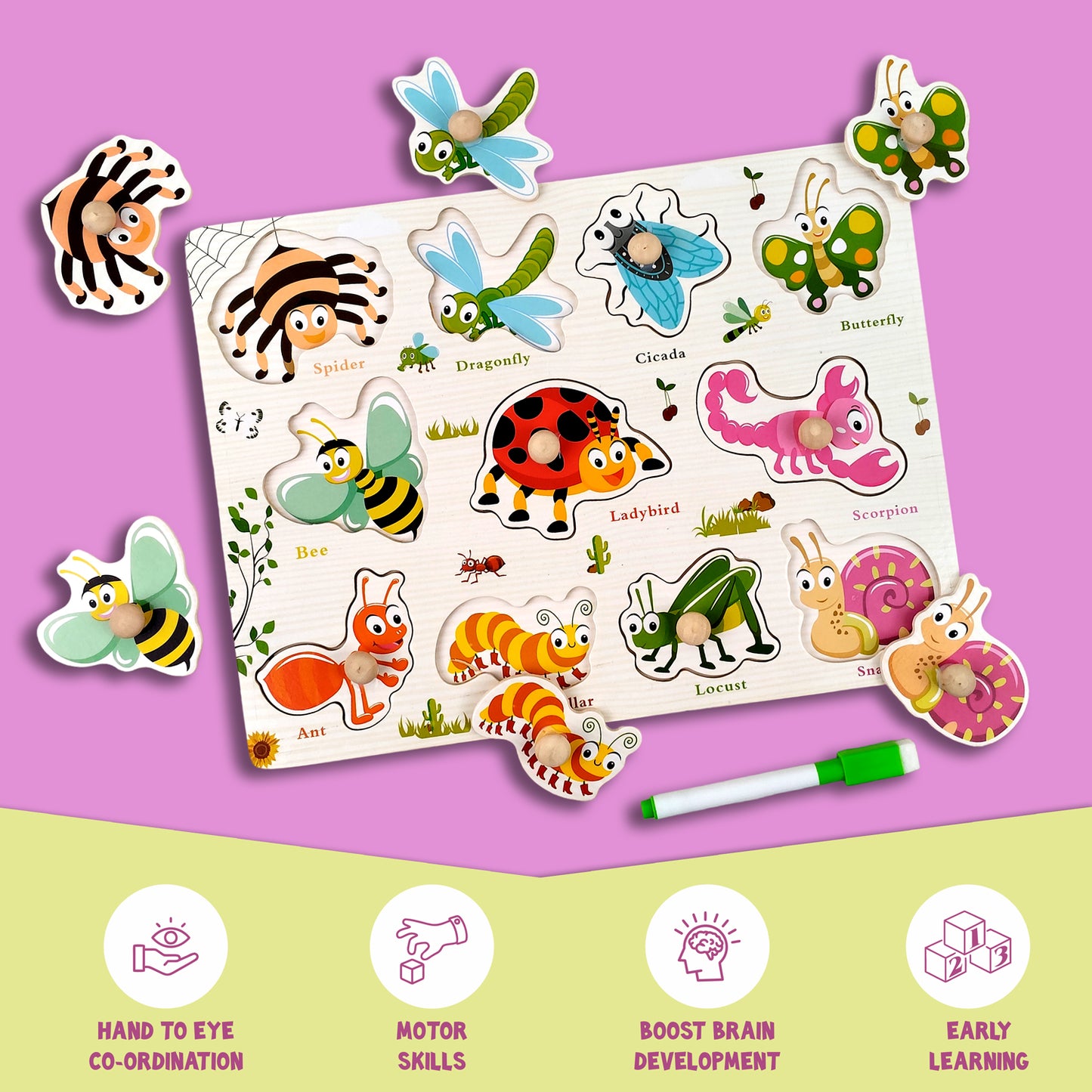 Wudly Wooden Knob Puzzle Board for Kids – Early Learning Educational Toy Trumpeter Grabbing Board (Multiple Themes)