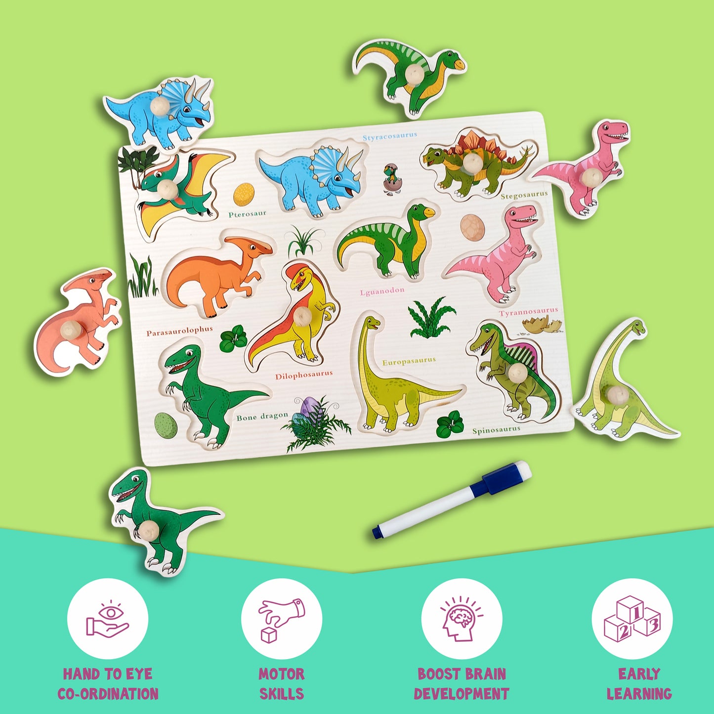 Wudly Wooden Knob Puzzle Board for Kids – Early Learning Educational Toy Trumpeter Grabbing Board (Multiple Themes)