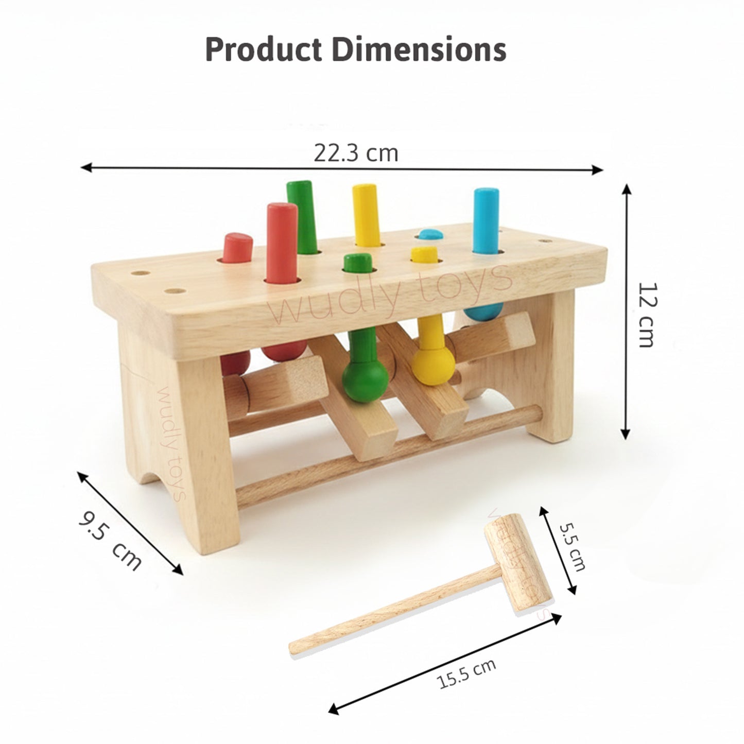 Wudly Wooden Hammer Peg Bench Toy for Kids | Montessori Pound Bench Hammering Block Punch Drop Instruments Game with Mallet | Colour Matching | Kids for 12M+ Multicolour