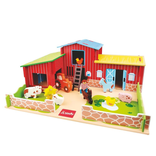 WUDLY Wooden Farmhouse Toy Set for Kids | My Little Farm House with Animal Figures, Tractor, Barn & Farmer | Montessori Educational Toy | Farm Pretend Play Set for Boys & Girls Age 3+