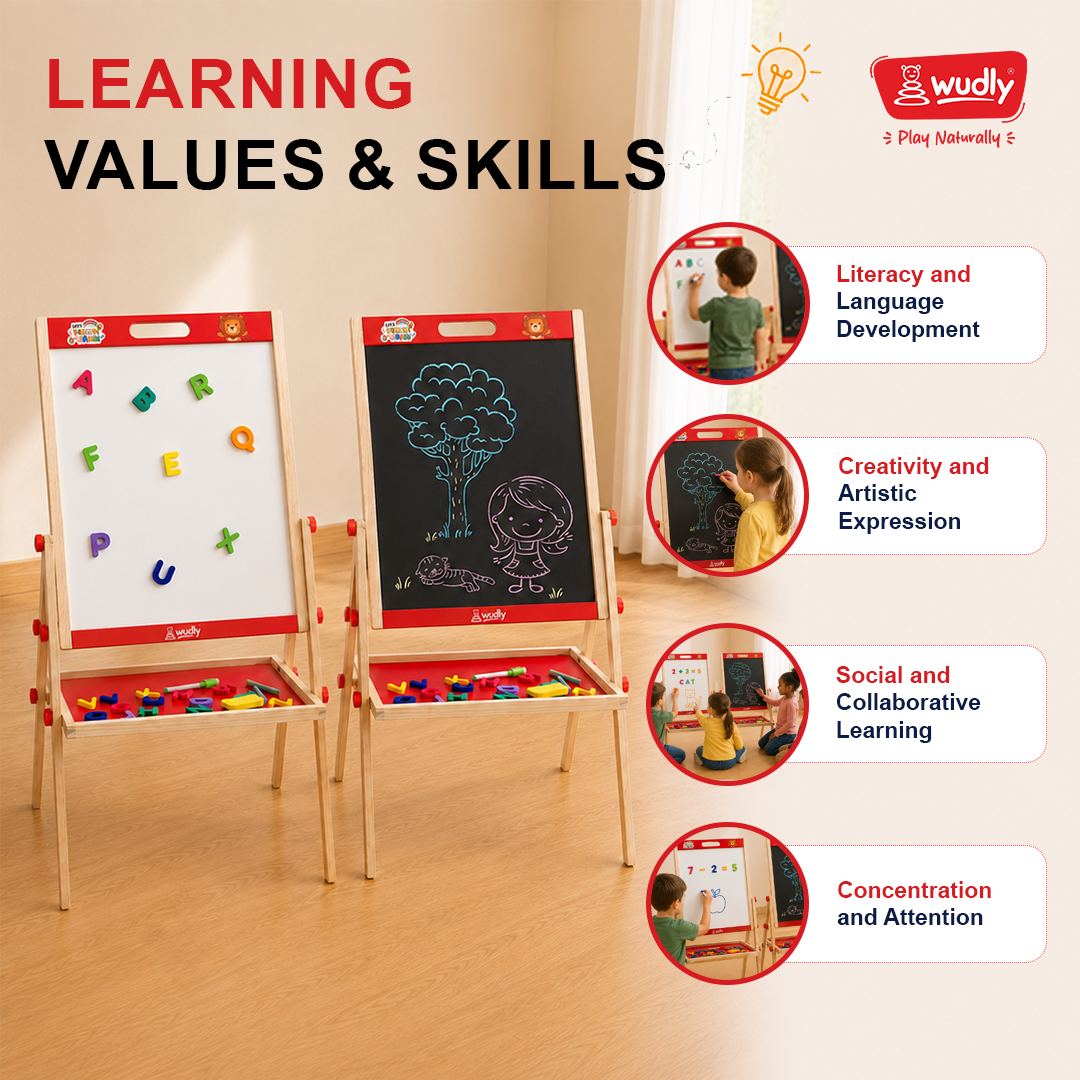 Wudly 3-in-1 Wooden Whiteboard & Blackboard Drawing Board