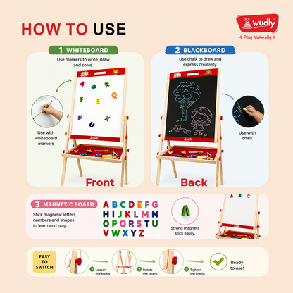 Wudly 3-in-1 Wooden Whiteboard & Blackboard Drawing Board