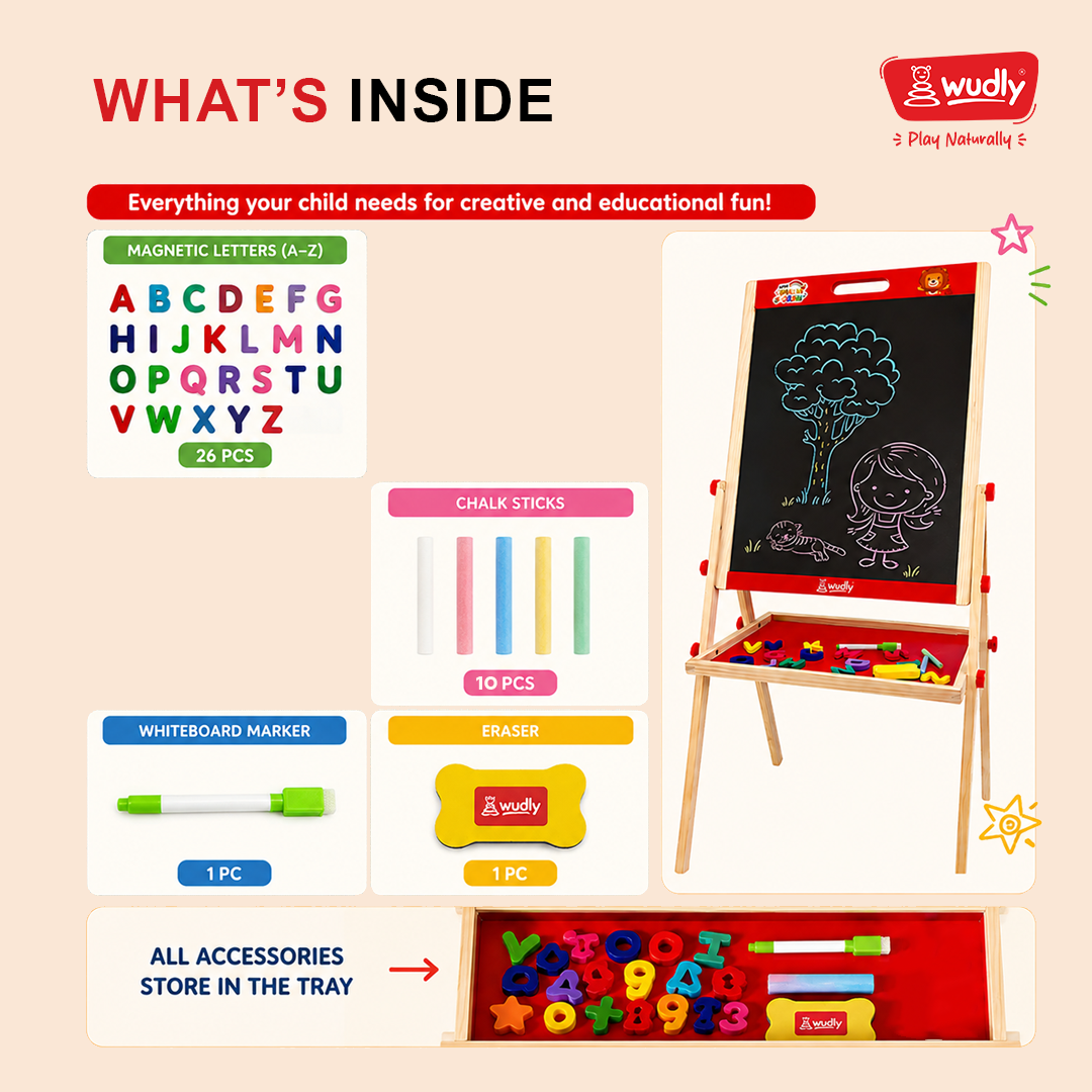 Wudly 3-in-1 Wooden Whiteboard & Blackboard Drawing Board