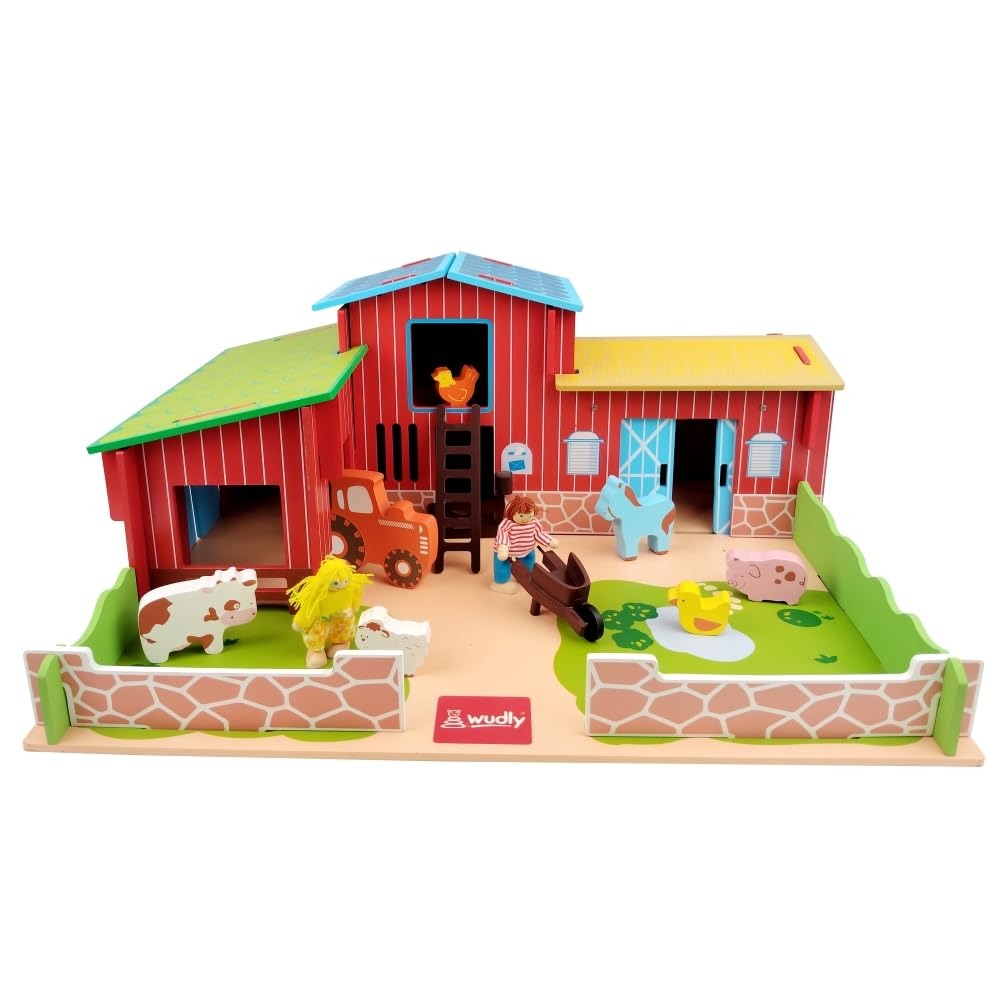 WUDLY Wooden Farmhouse Toy Set for Kids | My Little Farm House with Animal Figures, Tractor, Barn & Farmer | Montessori Educational Toy | Farm Pretend Play Set for Boys & Girls Age 3+