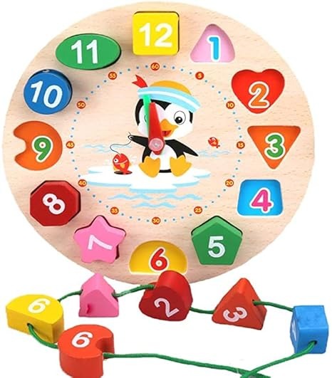 Wudly Wooden Learning Clock Toy with Lacing numbers. Time Learning Clock Puzzle for kids.  Shapes and Colour Sorting & Stacking Learning Montessori Toy for 2 + Year Kids. 14 Pieces Set. Child Safe Certified.(Multicolor)