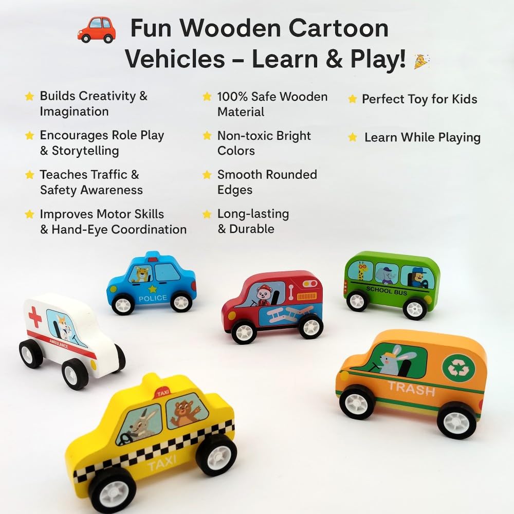 WUDLY Wooden Toy Cars Set for Kids (6 pcs) | Police, Ambulance, Taxi, School Bus, Fire Truck & Trash Truck