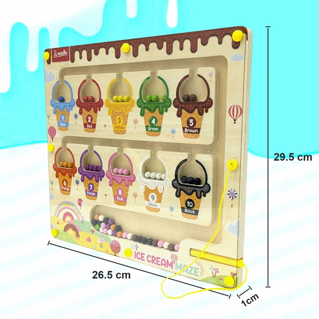Wudly Ice Cream Maze,Magnetic Color and Number Maze - Educational Fine Motor Skills Toys for Boys Girls 3 4 5 Years Old, Wooden Color Matching Learning Counting Toddler Puzzle Board