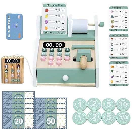 Wudly Wooden Cash Register Toy for Kids | Pretend Play Set with Calculator, Cash, Coins & Credit Card | Montessori Role Play Toy for Boys & Girls 3–8 Years | Educational Wooden Toy