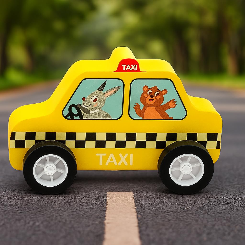WUDLY Wooden Toy Cars Set for Kids (6 pcs) | Police, Ambulance, Taxi, School Bus, Fire Truck & Trash Truck