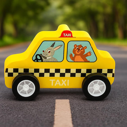 WUDLY Wooden Toy Cars Set for Kids (6 pcs) | Police, Ambulance, Taxi, School Bus, Fire Truck & Trash Truck