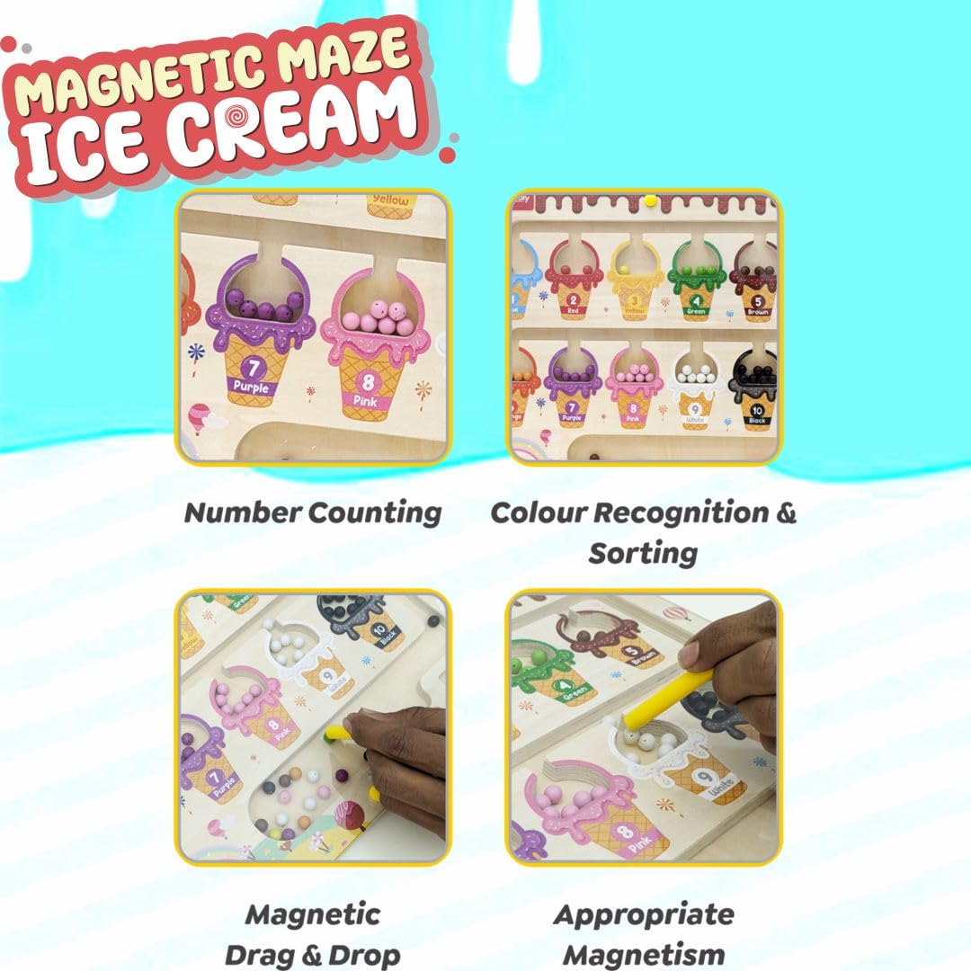 Wudly Ice Cream Maze,Magnetic Color and Number Maze - Educational Fine Motor Skills Toys for Boys Girls 3 4 5 Years Old, Wooden Color Matching Learning Counting Toddler Puzzle Board