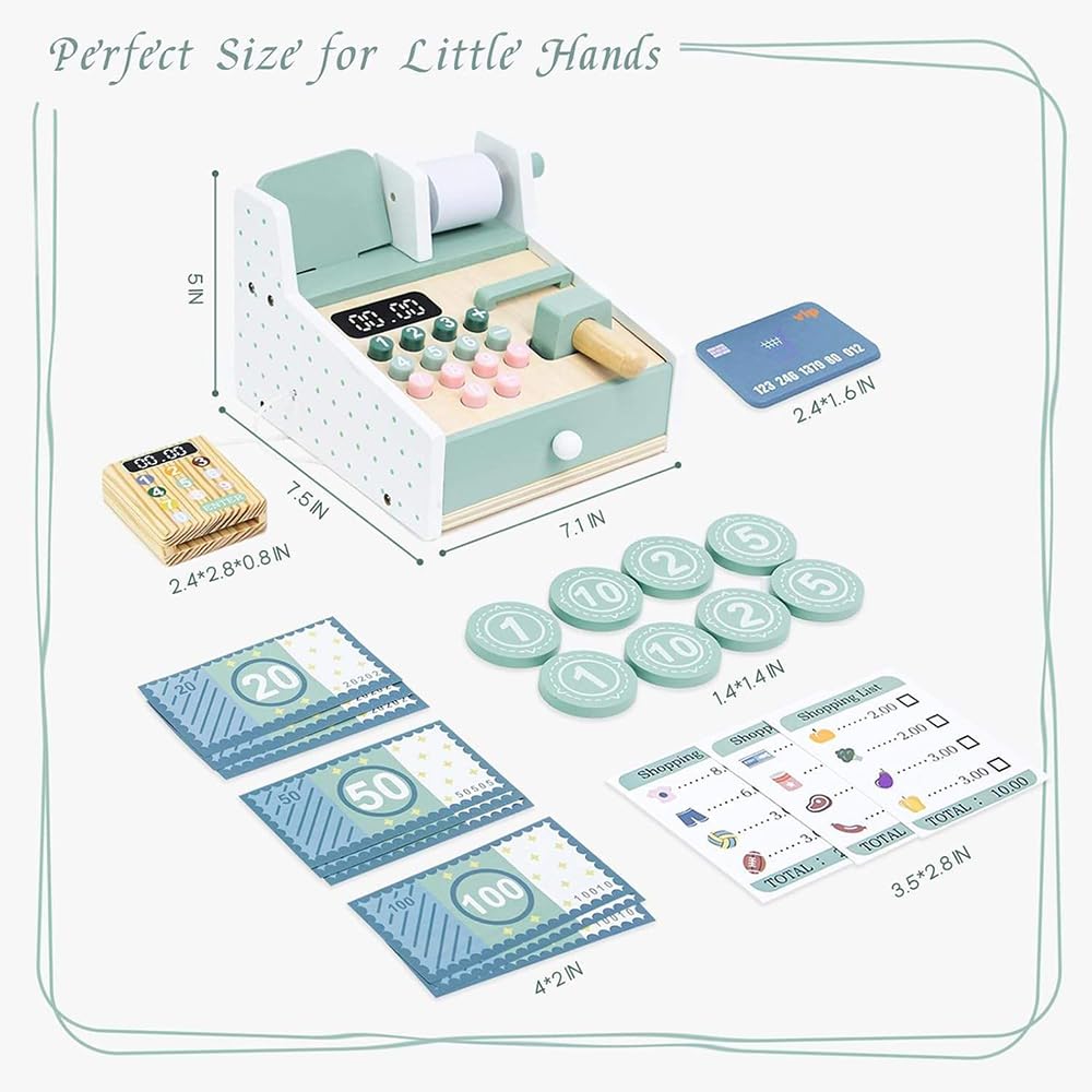 Wudly Wooden Cash Register Toy for Kids | Pretend Play Set with Calculator, Cash, Coins & Credit Card | Montessori Role Play Toy for Boys & Girls 3–8 Years | Educational Wooden Toy