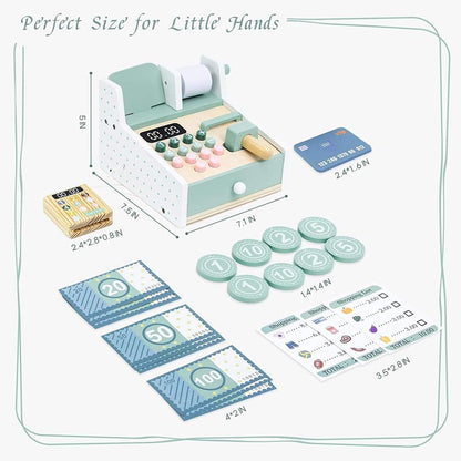 Wudly Wooden Cash Register Toy for Kids | Pretend Play Set with Calculator, Cash, Coins & Credit Card | Montessori Role Play Toy for Boys & Girls 3–8 Years | Educational Wooden Toy