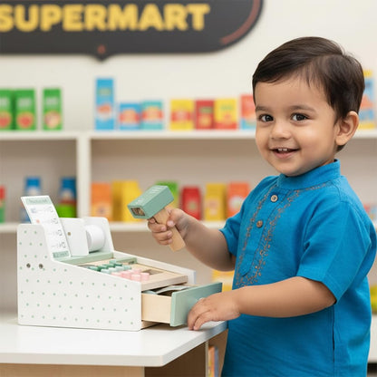 Wudly Wooden Cash Register Toy for Kids | Pretend Play Set with Calculator, Cash, Coins & Credit Card | Montessori Role Play Toy for Boys & Girls 3–8 Years | Educational Wooden Toy