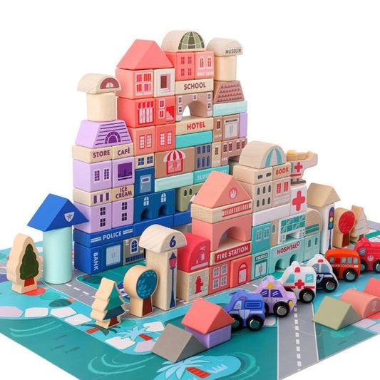 WUDLY 115 Pieces Wooden City Building Blocks
