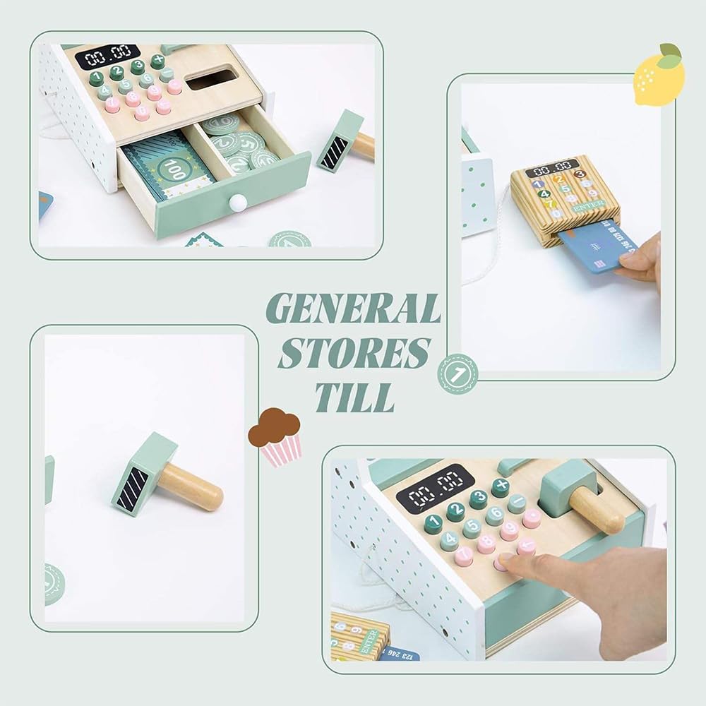 Wudly Wooden Cash Register Toy for Kids | Pretend Play Set with Calculator, Cash, Coins & Credit Card | Montessori Role Play Toy for Boys & Girls 3–8 Years | Educational Wooden Toy