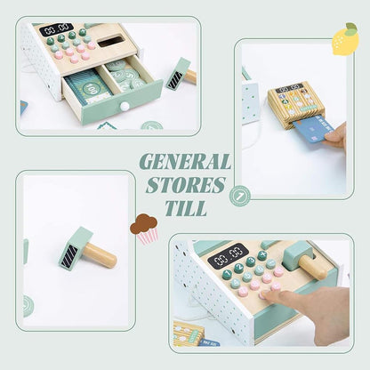 Wudly Wooden Cash Register Toy for Kids | Pretend Play Set with Calculator, Cash, Coins & Credit Card | Montessori Role Play Toy for Boys & Girls 3–8 Years | Educational Wooden Toy