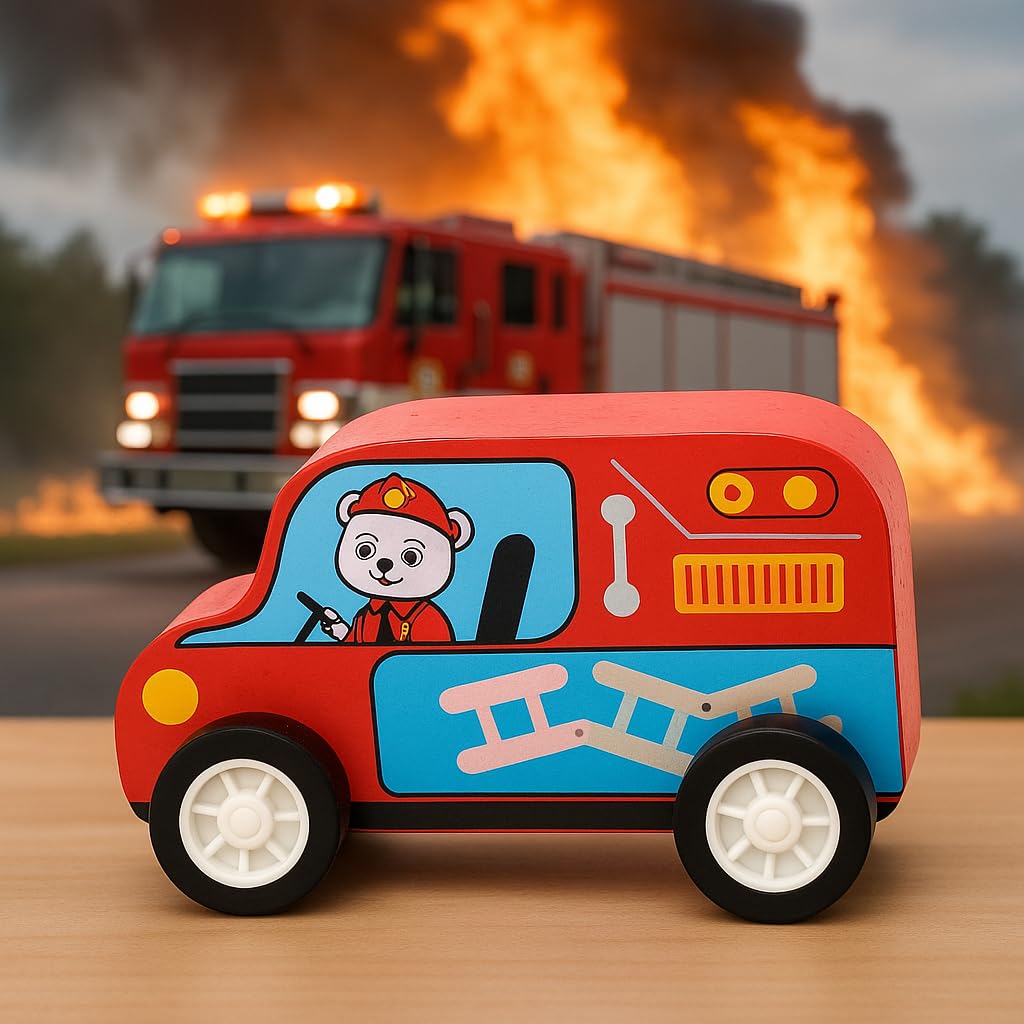 WUDLY Wooden Toy Cars Set for Kids (6 pcs) | Police, Ambulance, Taxi, School Bus, Fire Truck & Trash Truck