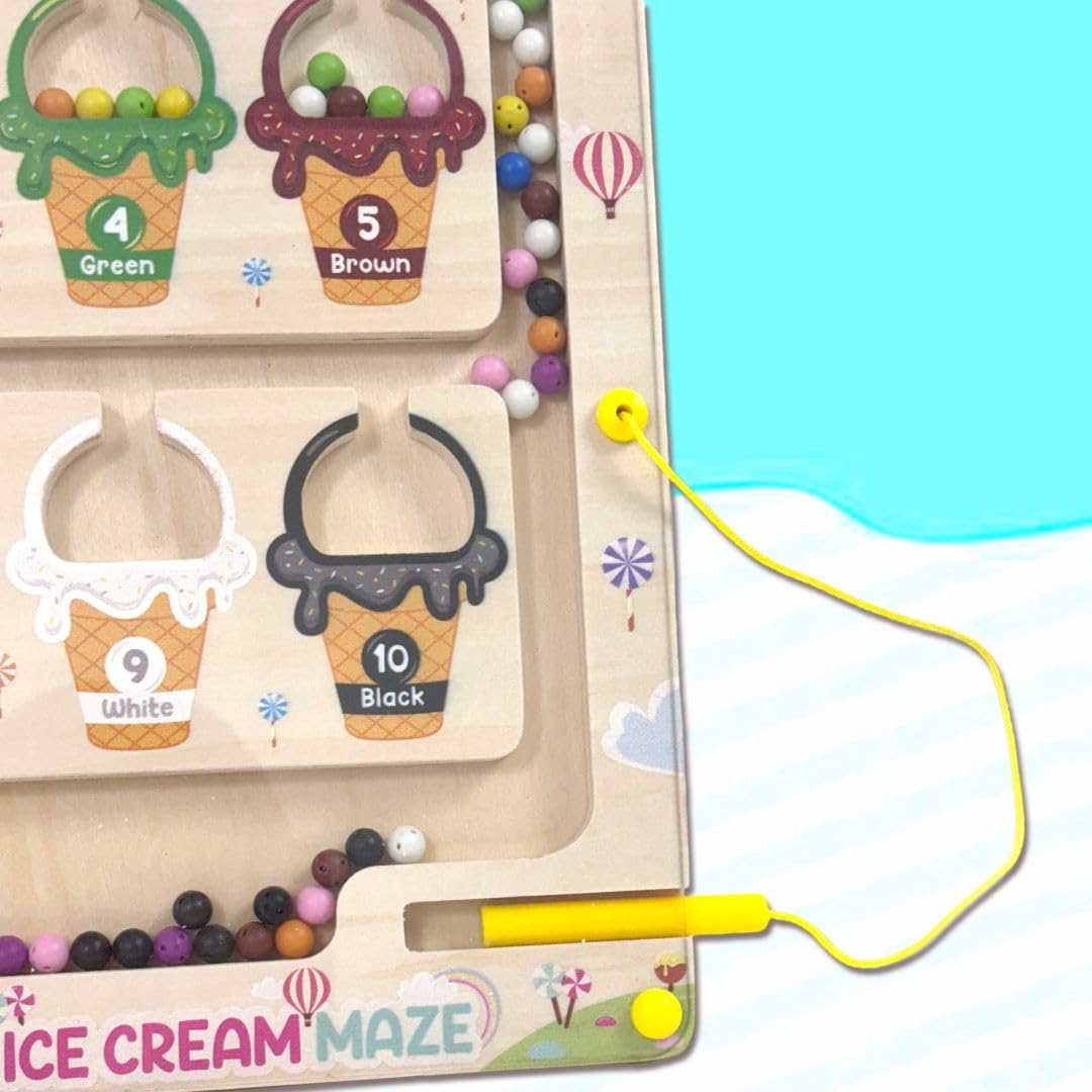 Wudly Ice Cream Maze,Magnetic Color and Number Maze - Educational Fine Motor Skills Toys for Boys Girls 3 4 5 Years Old, Wooden Color Matching Learning Counting Toddler Puzzle Board
