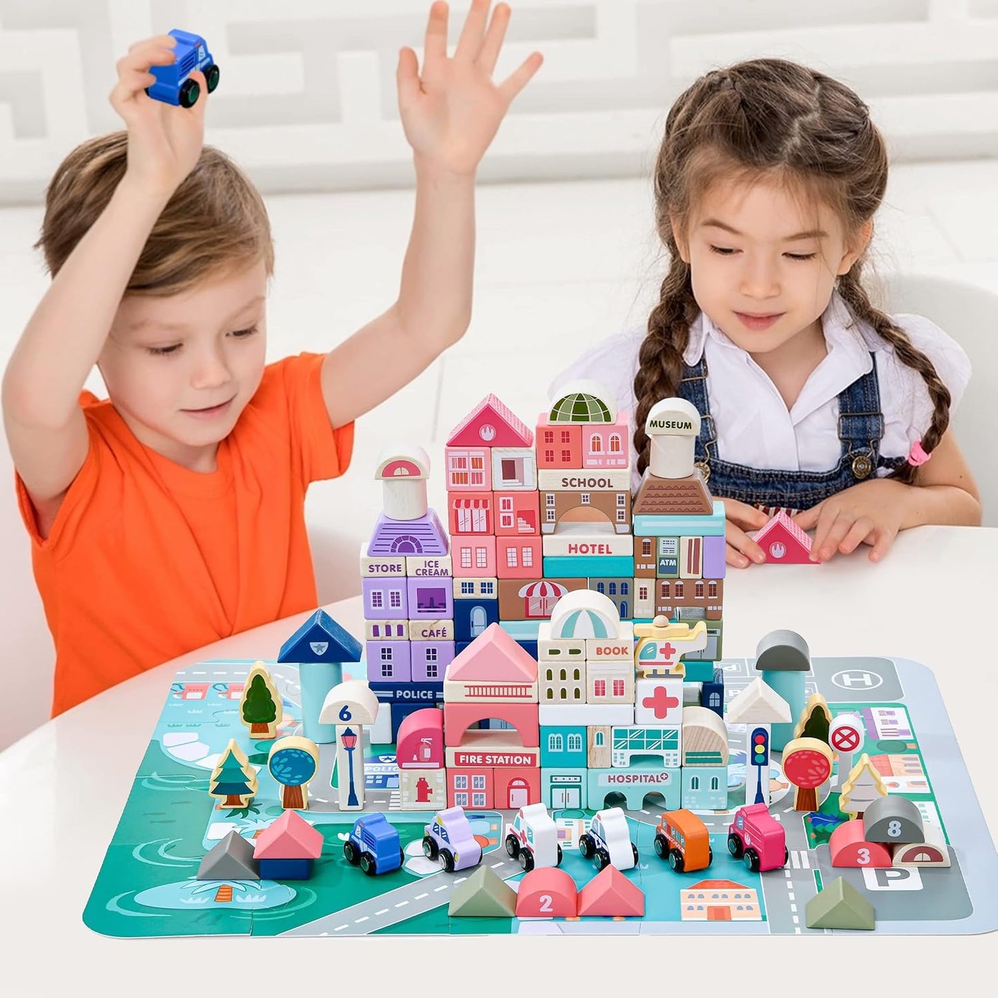 WUDLY 115 Pieces Wooden City Building Blocks