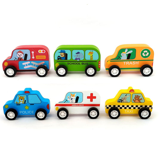 WUDLY Wooden Toy Cars Set for Kids (6 pcs) | Police, Ambulance, Taxi, School Bus, Fire Truck & Trash Truck
