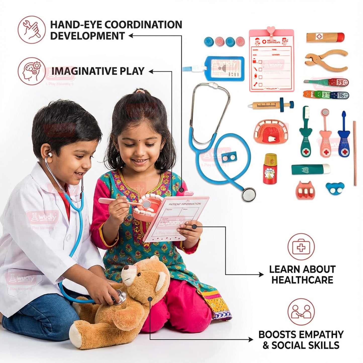 WUDLY Wooden Doctor Set for Kids, Pretend Play Doctor Kit for Boys & Girls, Best Birthday Gift for Kids