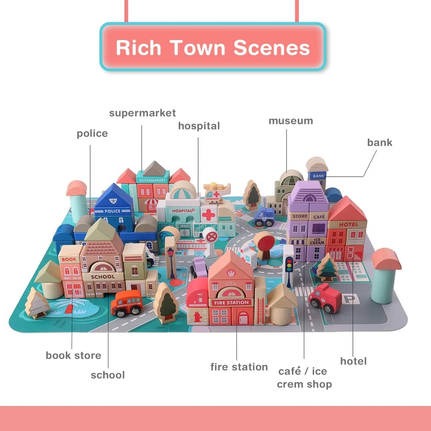 WUDLY 115 Pieces Wooden City Building Blocks