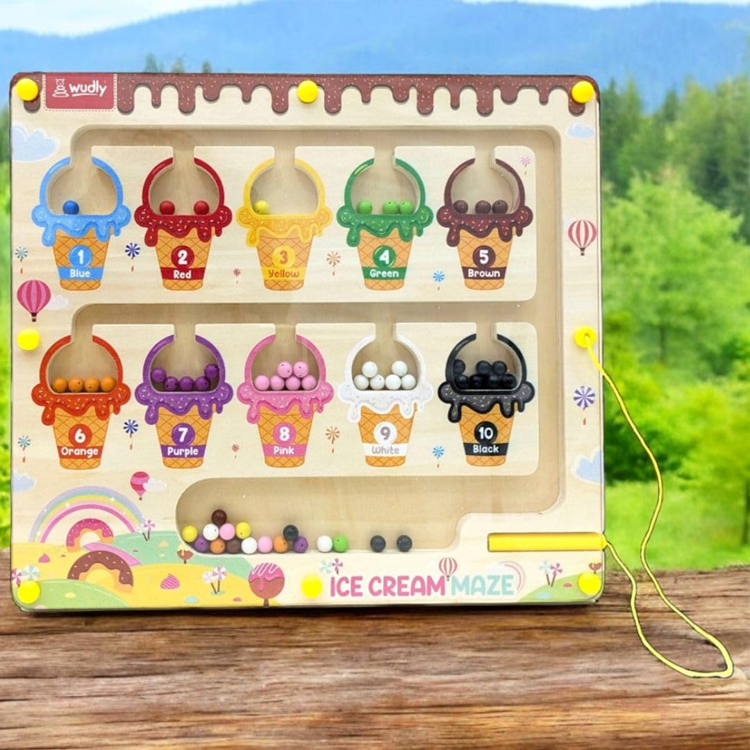 Wudly Ice Cream Maze,Magnetic Color and Number Maze - Educational Fine Motor Skills Toys for Boys Girls 3 4 5 Years Old, Wooden Color Matching Learning Counting Toddler Puzzle Board