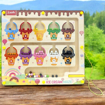 Wudly Ice Cream Maze,Magnetic Color and Number Maze - Educational Fine Motor Skills Toys for Boys Girls 3 4 5 Years Old, Wooden Color Matching Learning Counting Toddler Puzzle Board