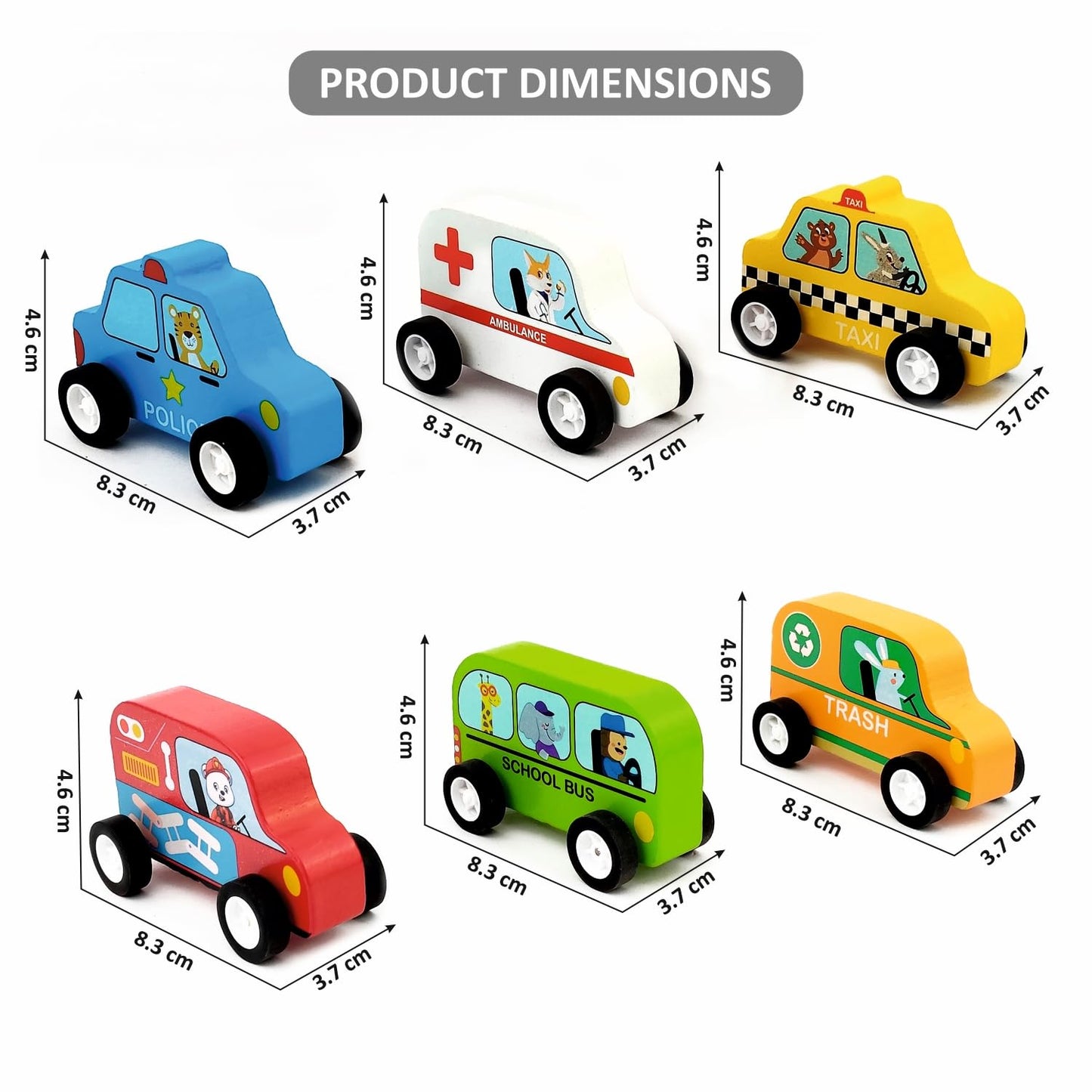 WUDLY Wooden Toy Cars Set for Kids (6 pcs) | Police, Ambulance, Taxi, School Bus, Fire Truck & Trash Truck