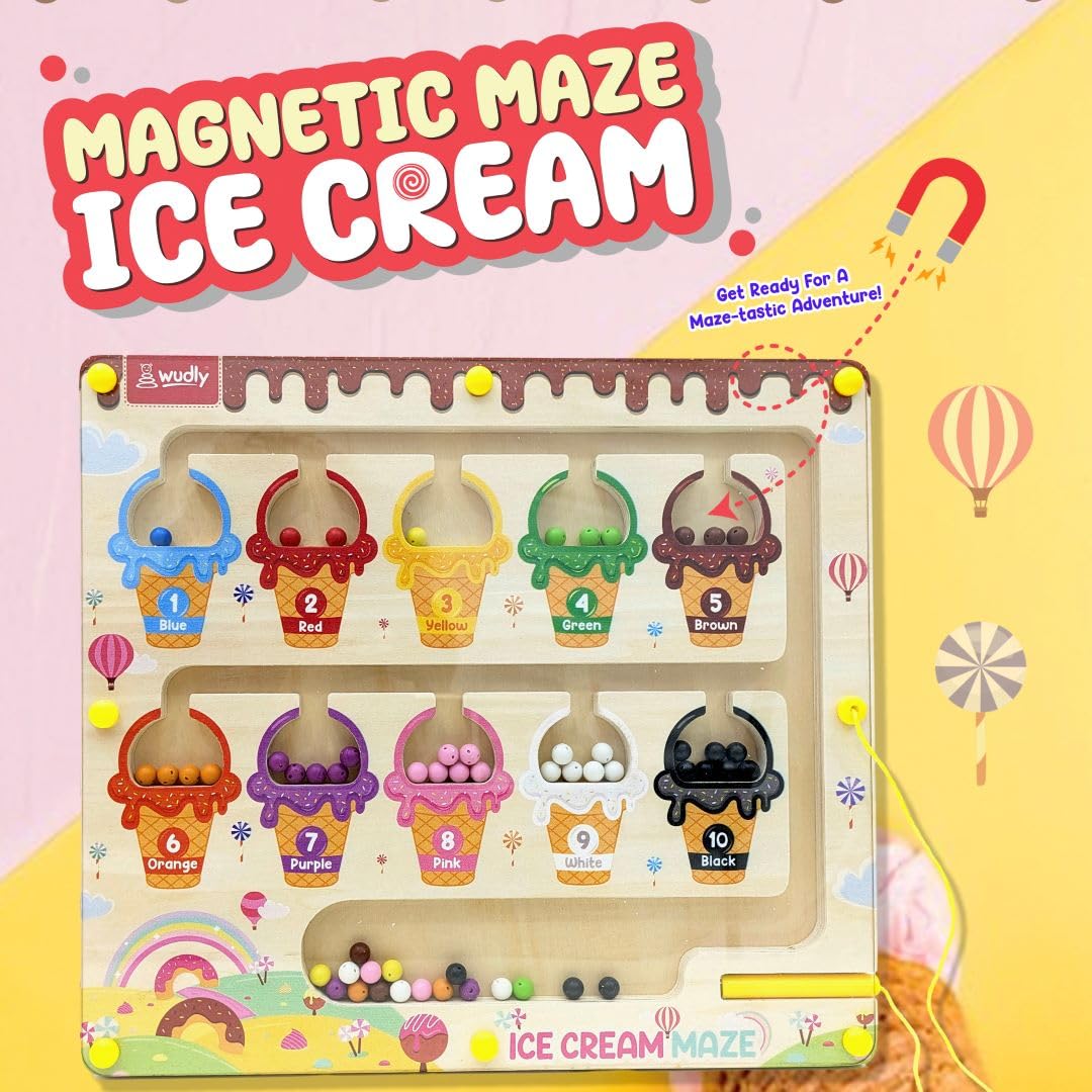 Wudly Ice Cream Maze,Magnetic Color and Number Maze - Educational Fine Motor Skills Toys for Boys Girls 3 4 5 Years Old, Wooden Color Matching Learning Counting Toddler Puzzle Board