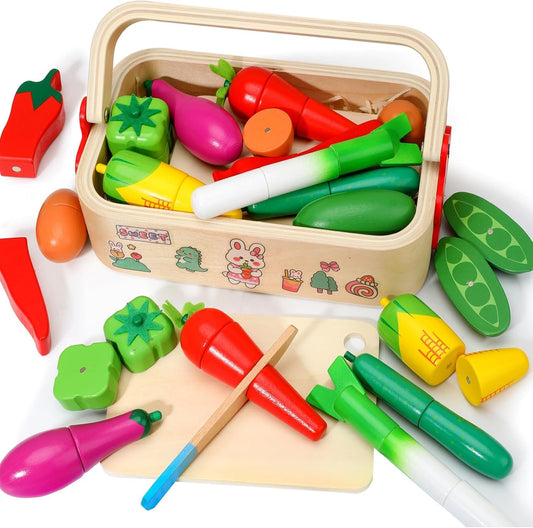 Wudly Wooden Cutting Vegetable With Wood Knife & Storage Basket